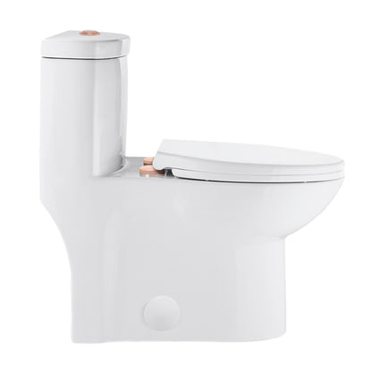Elongated one-piece toilet with dual flush and rose gold hardware, 1.1/1.6 gpf.