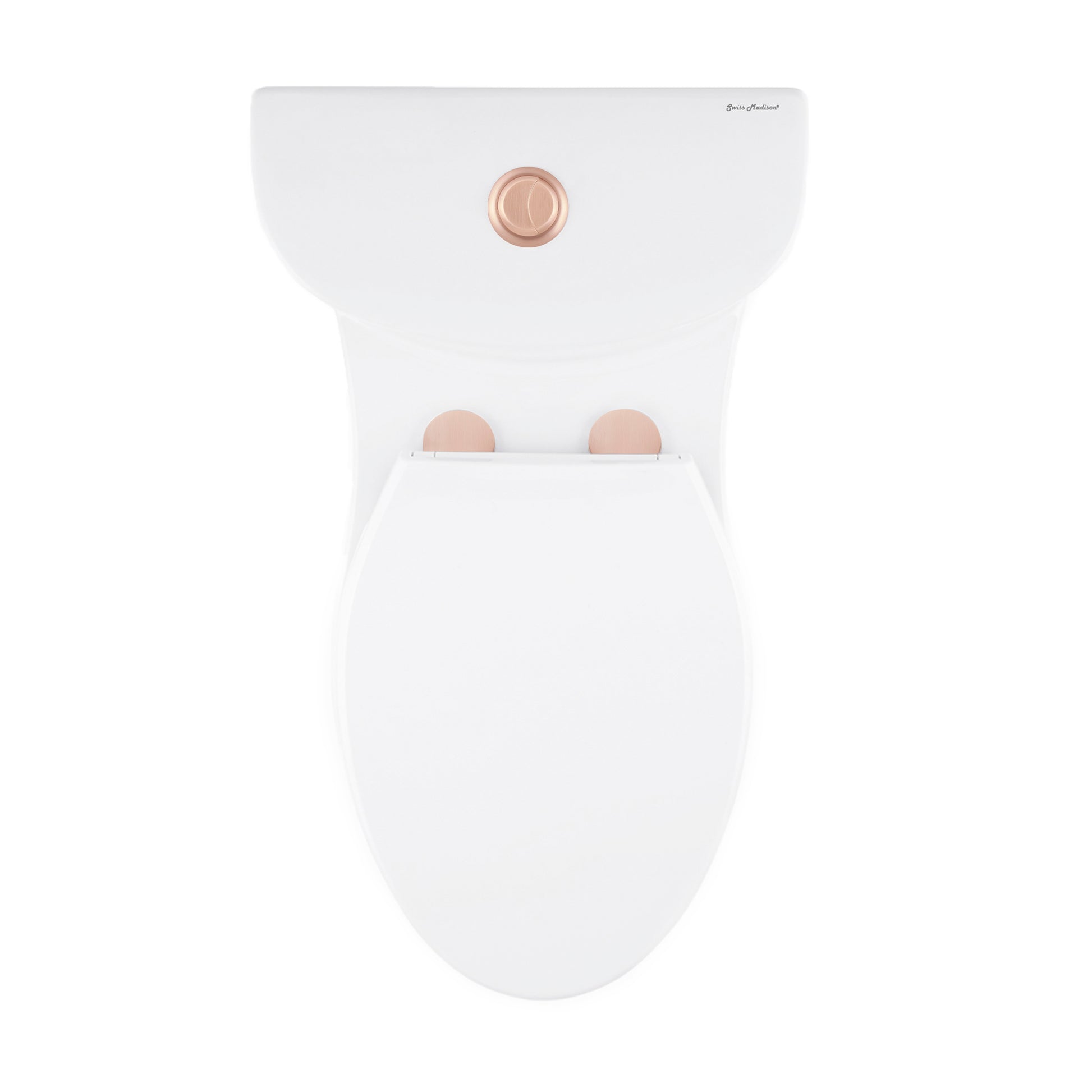 Elongated one-piece toilet with rose gold dual flush hardware, 1.1/1.6 gallons per flush, white ceramic.