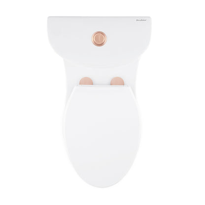 Elongated one-piece toilet with rose gold dual flush hardware, 1.1/1.6 gallons per flush, white ceramic.