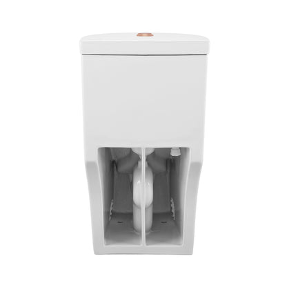 Elongated one-piece toilet with dual flush and rose gold hardware, 1.1/1.6 gpf, skirted trapway, front view.