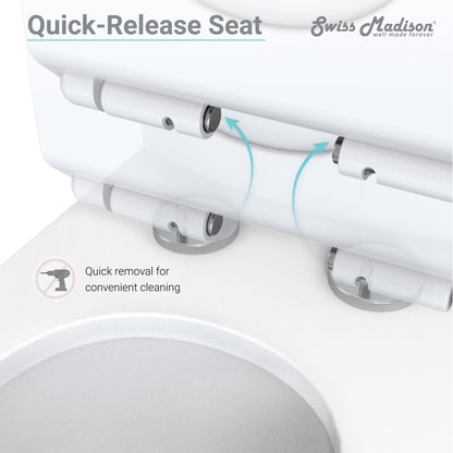 Elongated one-piece toilet with dual flush and rose gold hardware, quick-release soft-close seat.