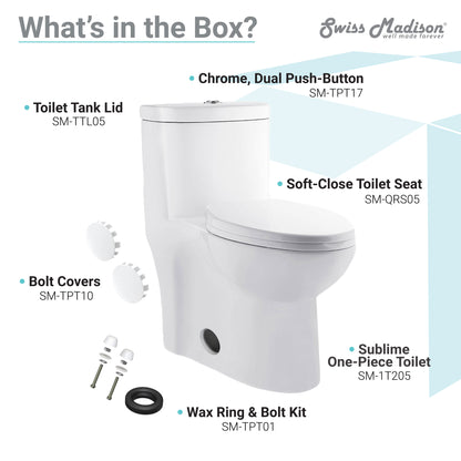 Elongated one-piece toilet with dual flush and rose gold hardware, soft-close seat.