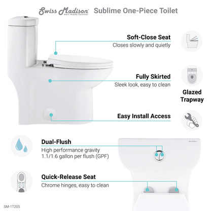 Elongated one-piece toilet with dual flush and rose gold hardware, soft-close seat, and skirted trapway.