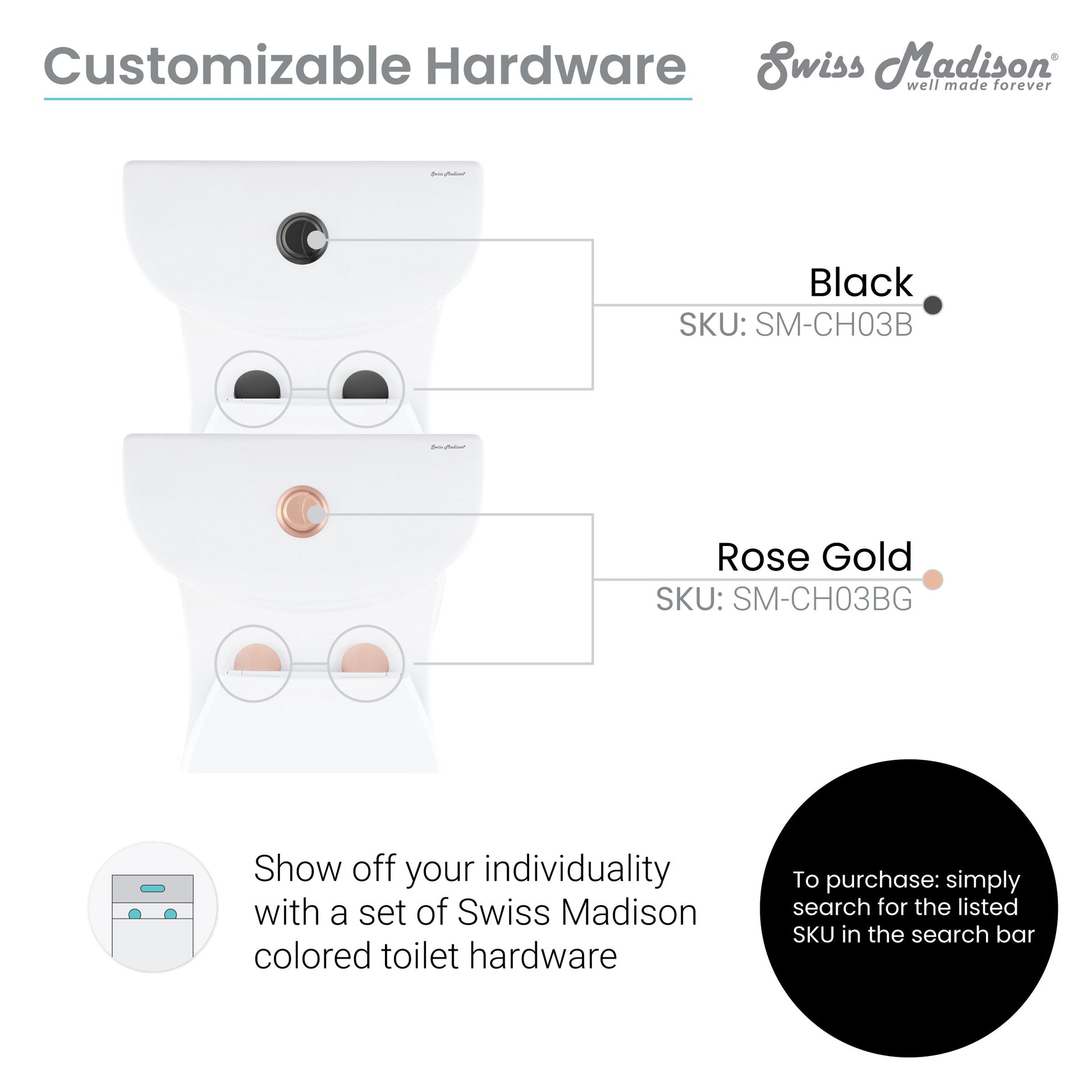 Elongated one-piece toilet with dual flush and rose gold hardware, white ceramic bowl.